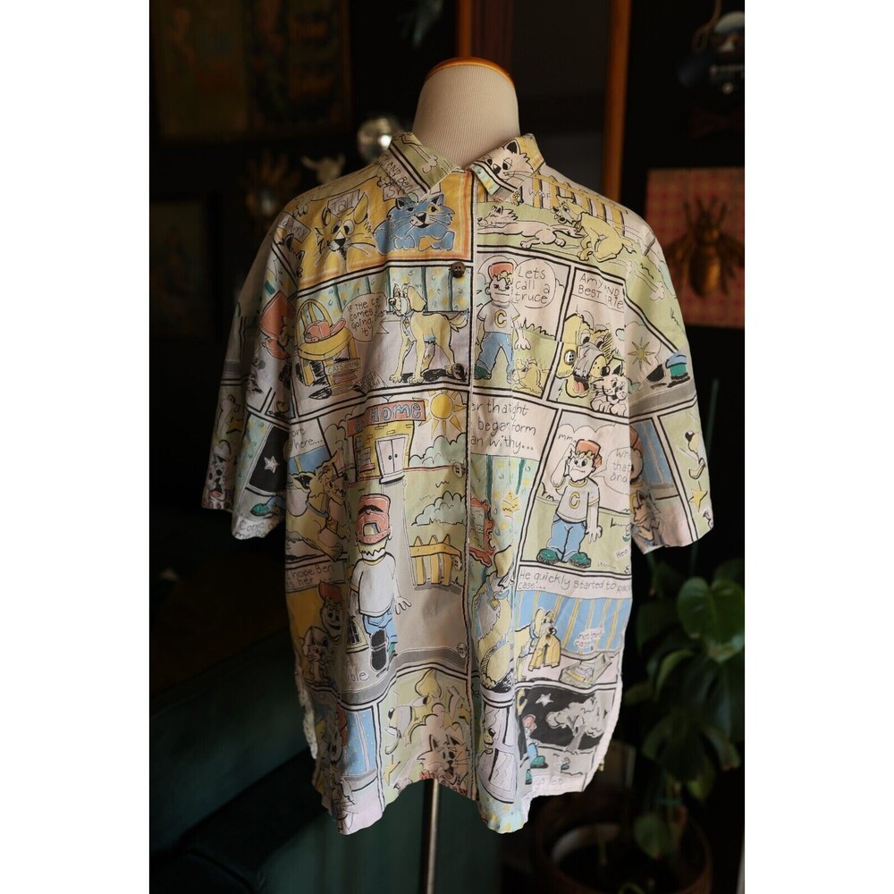 Vintage Together! Comic book strip Cat & Dog AOP Button Down Shirt Adult Size L